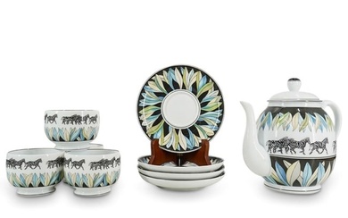 (9 Pc) Lalique Porcelain "Savane" Tea Set