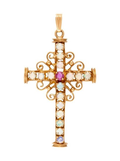 A 14 Karat Yellow Gold, Opal and Pink Sapphire Cross