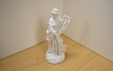 A 19th/20th century Parian ware bisque porcelain figure of Sappho and lyre with putto seated at
