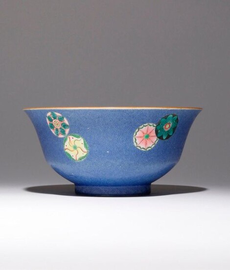 A CHINESE FAMILLE ROSE BLUE-GROUND BOWL SIX CHARACTER QIANLONG MARK...