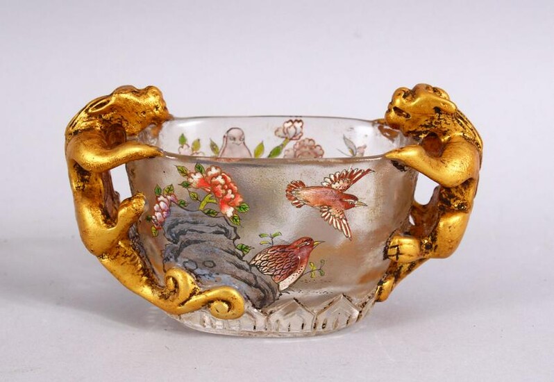 A CHINESE PEKING GLASS TWIN HANDLE LIBATION CUP, with