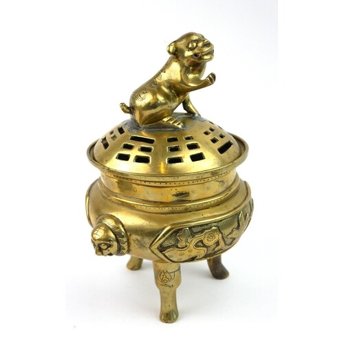 A CHINESE POLISHED BRONZE CENSER Having a Dog of Fo finial t...