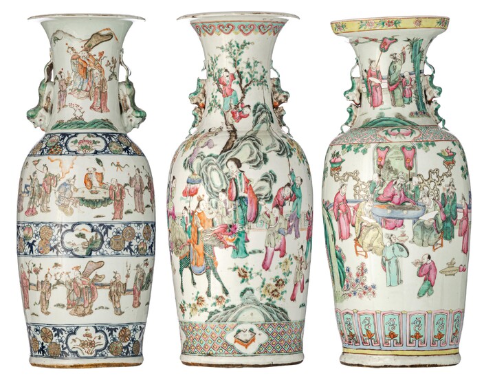 A Chinese famille rose vase, the body with bands decorated with Immortals, interchanging with blue...