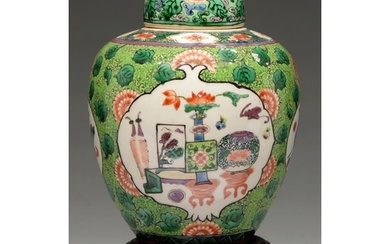 A Chinese famille verte ginger jar and cover, 20th c, enamel...