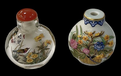 A Chinese glass scent bottle with floral painted decoration and...