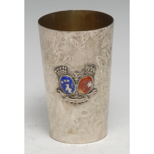 A Continental silver and enamel tapered cylindrical marriage...