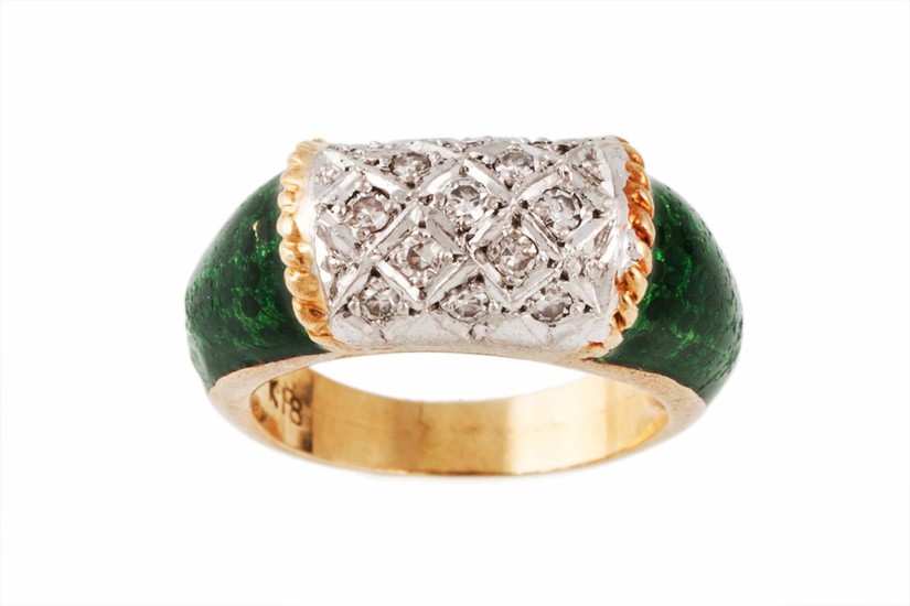 A DIAMOND SET RING, with green enamel decoration, mounted in...