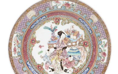 A FAMILLE ROSE 'EGGSHELL' RUBY-BACK 'LADY AND CHILDREN' DISH YONGZHEN...