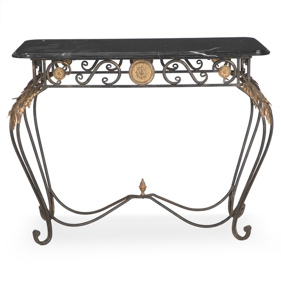 A French wrought iron console table with a black marble top. Ca. 1930. H. 81 cm. W. 105 cm. D. 54 cm.