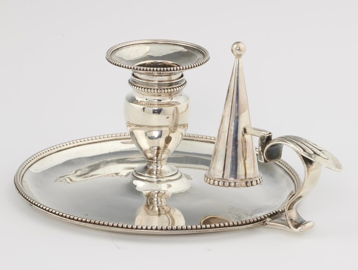 A GEORGE III SILVER CHAMBERSTICK, NOZZLE AND EXTINGUISHER 1...