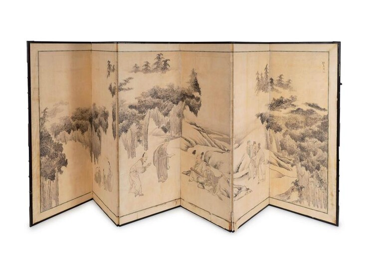 A Japanese Six-Fold Paper Screen Each panel, 60 x 23