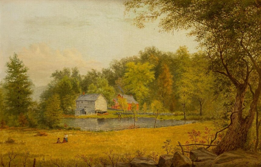 A. L. Bert, American, mid-late 19th century- A summer's landscape with a yellow meadow, a lake, and figures; oil on canvas, signed 'A. L. BERT' (lower right), 55.5 x 86.5 cm. Provenance: With Richard Green, London [no.CL425].; Private Collection, UK.