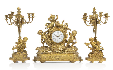 A LARGE FRENCH ORMOLU THREE-PIECE CLOCK GARNITURE BY DENIERE, PARIS,...