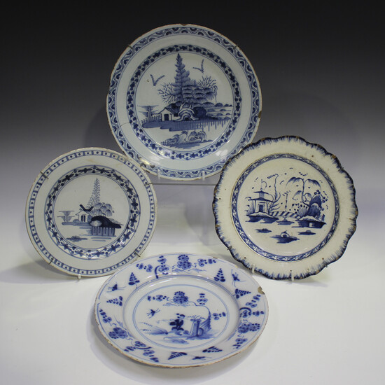 A Lambeth Delft plate, circa 1760, blue painted with a chinoiserie landscape, diameter 18.5cm, toget