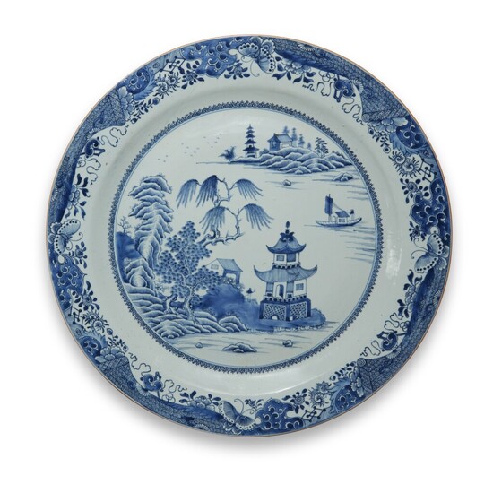 A Massive Canton Blue and White Charger Qing Dynasty, 19th Century | 清十九世紀 青花山水亭閣圖大盤