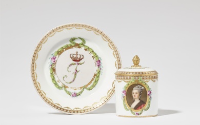 A Meissen porcelain cup and cover with a portrait of a German princess