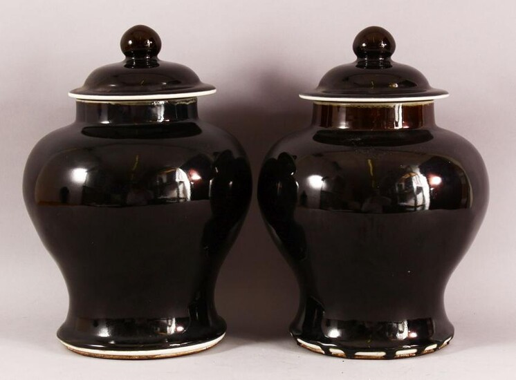 A PAIR OF CHINESE FAMILLE NOIR PORCELAIN GINGER JARS &