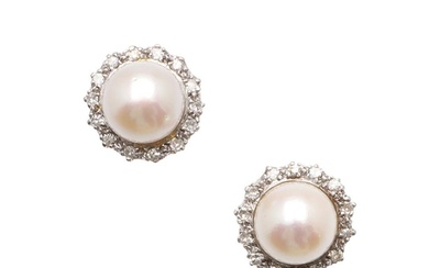 A PAIR OF CULTURED PEARL AND DIAMOND CLUSTER STUD EARRINGS. ...