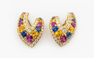 A PAIR OF DIAMOND AND COLOURED SAPPHIRE EARRINGS