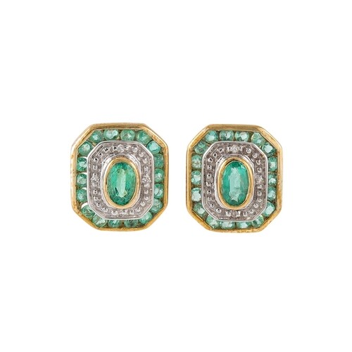 A PAIR OF DIAMOND AND EMERALD CLUSTER EARRINGS, octagonal fo...
