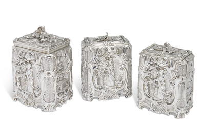 A PAIR OF GEORGE II SILVER TEA CADDIES AND MATCHING...