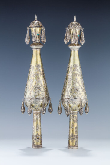 A PAIR OF GILDED SILVER TORAH FINIALS. Probably Israel,...