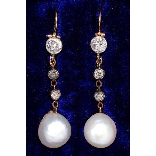 A PAIR OF NATURAL PEARL AND DIAMOND EARRINGS, MOUNTED IN SIL...