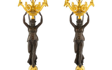 A Pair of Empire Gilt and Patinated Bronze Four-Light Candelabra