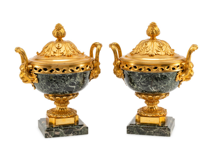 A Pair of Louis XVI Style Gilt Bronze Mounted Marble Potpourri Urns