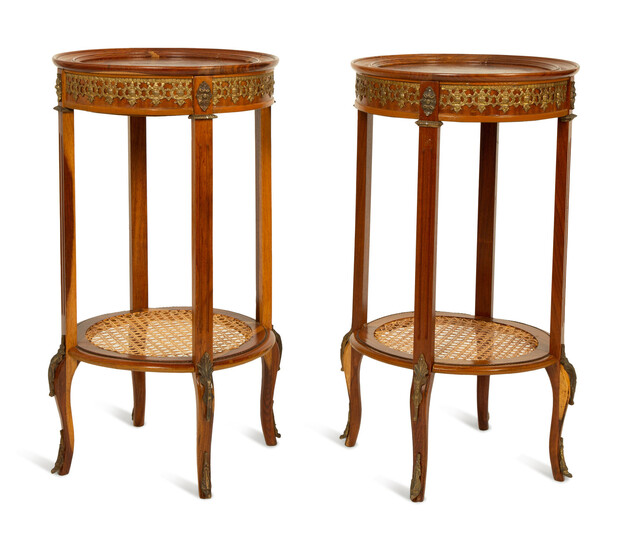 A Pair of Louis XVI Style Gilt Metal Mounted and Inlaid Gueridons