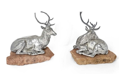 A Pair of Victorian Silver-Gilt Models of Recumbent Stags by Edward and John Barnard, London, Circa 1860