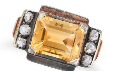 A RETRO CITRINE AND DIAMOND RING in yellow gold and silver, set with an octagonal step cut citrine