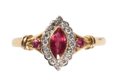 A RUBY AND DIAMOND RING the marquise-cut ruby collet-set wit...