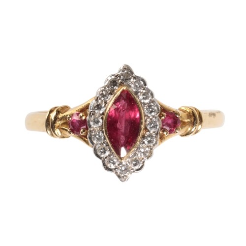 A RUBY AND DIAMOND RING the marquise-cut ruby collet-set wit...