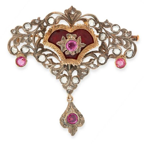A RUBY, DIAMOND AND EMAMEL BROOCH in yellow gold and