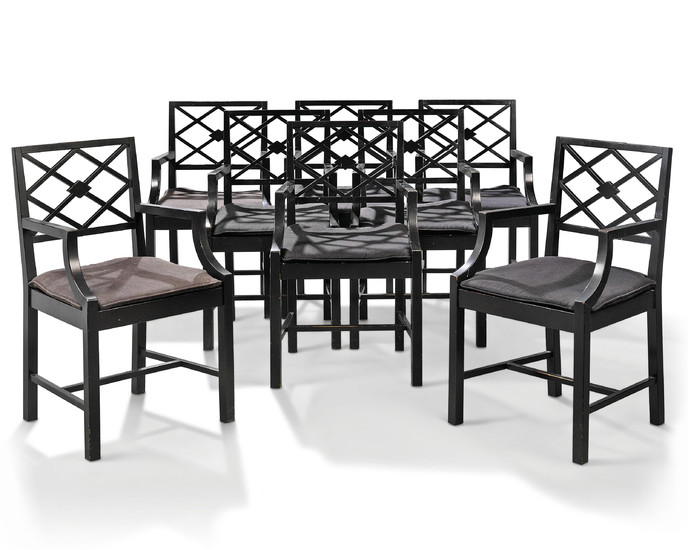 A SET OF EIGHT EBONISED ARMCHAIRS, MODERN