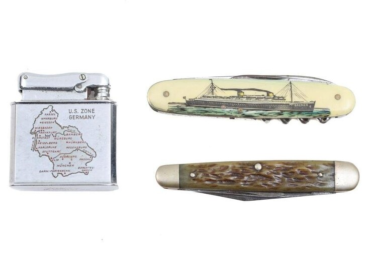 A SET OF TWO POCKET KNIVES AND MONOPOL LIGHTER