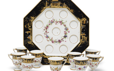 A SEVRES (HARD PASTE) PORCELAIN BLACK-GROUND OCTAGONAL ICE-CUP TRAY AND...