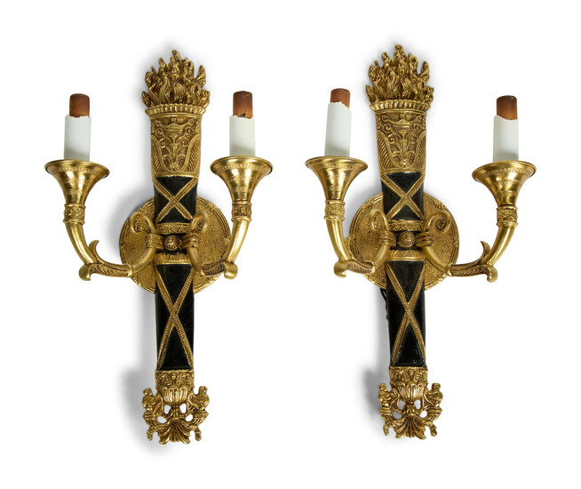 A Set of Four Empire Style Two-Light Brass and Ebonized Sconces