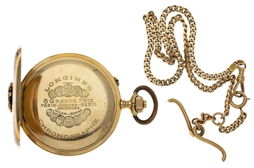 A Splendid Gold Open-Faced Chronograph Pocket Watch by Longines White enamel dial with black Ar...