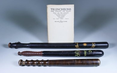 A Turned Wood Truncheon, Painted in Gold and Red...