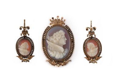 A Victorian cameo demi-parure, comprising a cameo brooch depicting Cupid in hardstone