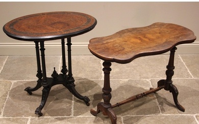 A Victorian ebonised and amboyna occasional table, the oval ...