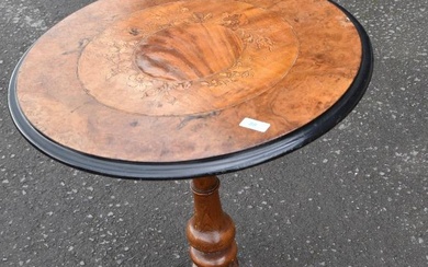 A Victorian tripod table having burr walnut and inlaid top, diameter approx. 54cm