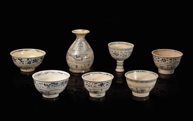 A Vietnamese blue and white vase, a stem cup, and five blue and white bowls, Le dynasty 15th-16th