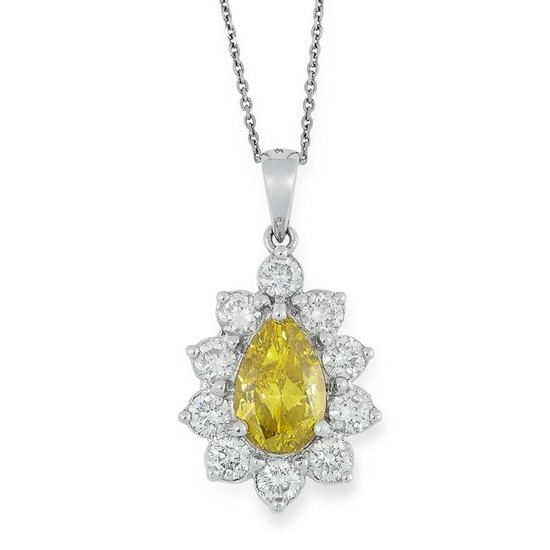 A YELLOW DIAMOND AND DIAMOND PENDANT set with a pear
