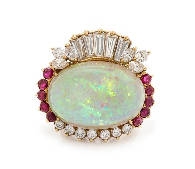 A Yellow Gold, Opal, Diamond and Ruby Ring