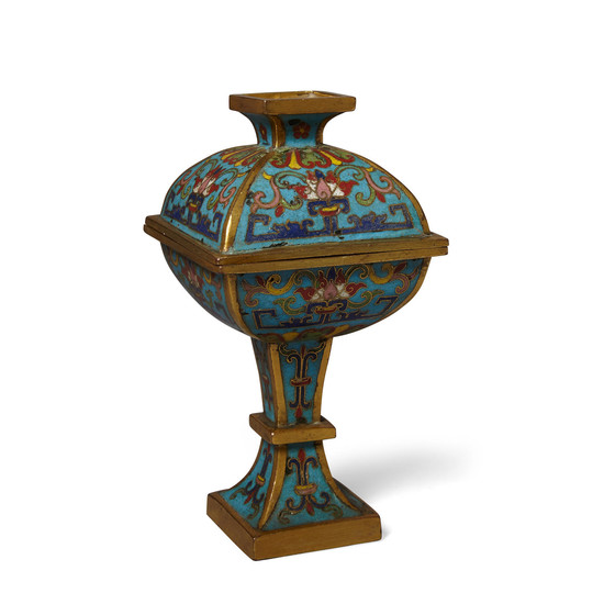 A cloisonné square sectioned vase and cover, fang dou