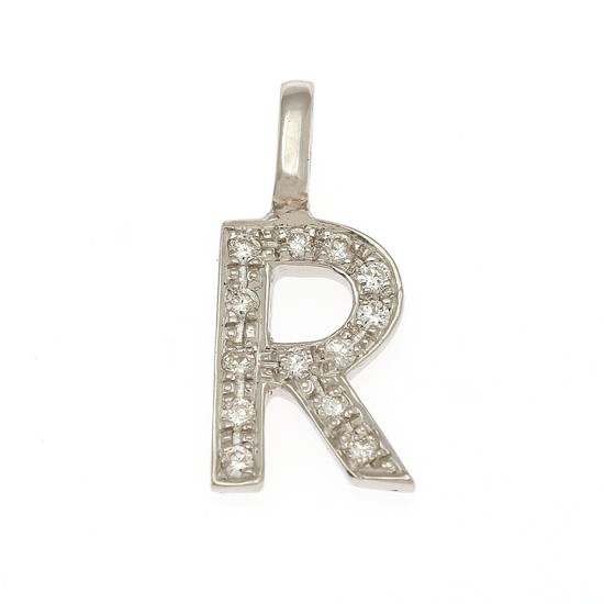 A diamond pendant in shape of the letter “R” set with numerous brilliant-cut diamonds, mounted in 14k white gold. L. incl. eye-let 1.8 cm.