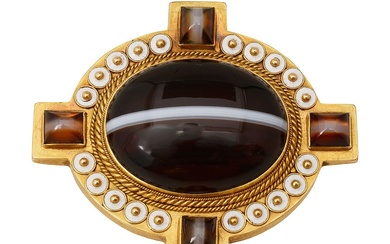 A early / mid Victorian agate, enamel and yellow gold brooch